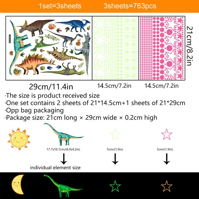 Dinosaurs And Stars Green Luminous Wall Stickers Detachable Waterproof Self-adhesive Children's Room Decoration