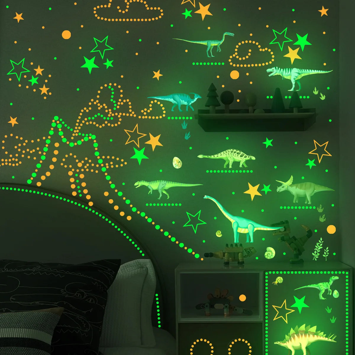 Dinosaurs And Stars Green Luminous Wall Stickers Detachable Waterproof Self-adhesive Children's Room Decoration