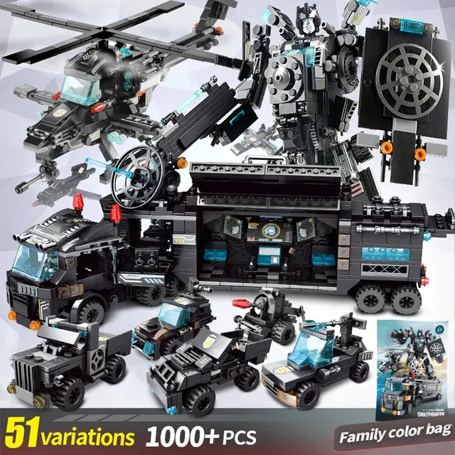 1000+PCS City Police Station Car Headquarters Building Blocks Truck SWAT Figure WW2 Military Bricks Toys for Children Kids