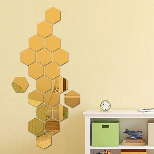 12pcs Acrylic 3D Mirror Wall Sticker Hexagon DIY Mural Removable Living-Room Decal Art Ornaments For Home Bedroom Decoration