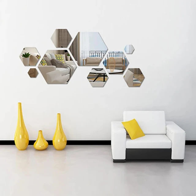 12pcs Acrylic 3D Mirror Wall Sticker Hexagon DIY Mural Removable Living-Room Decal Art Ornaments For Home Bedroom Decoration