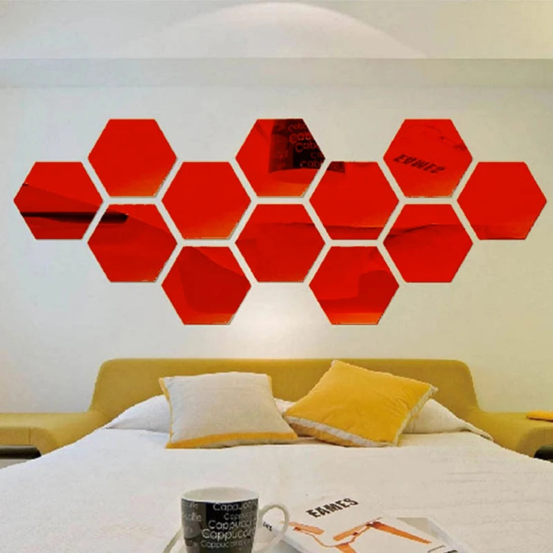 12pcs Acrylic 3D Mirror Wall Sticker Hexagon DIY Mural Removable Living-Room Decal Art Ornaments For Home Bedroom Decoration