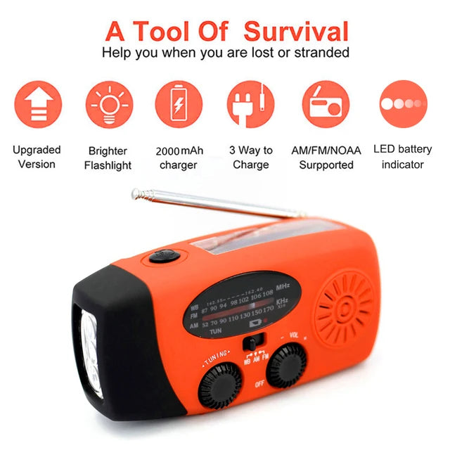 2000/10000/12000mAh AM/FM Weather Radio Solar Panels Hand Crank Emergency Radio Reading Lamp Power Bank SOS Alarm Flashlight