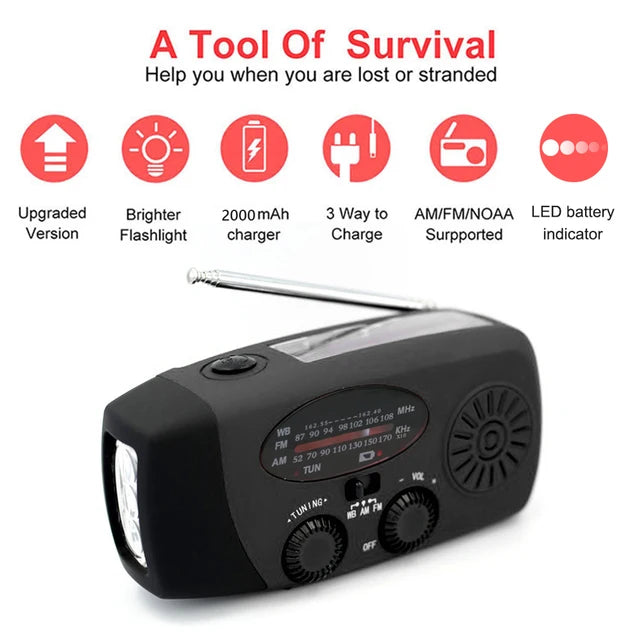 2000/10000/12000mAh AM/FM Weather Radio Solar Panels Hand Crank Emergency Radio Reading Lamp Power Bank SOS Alarm Flashlight