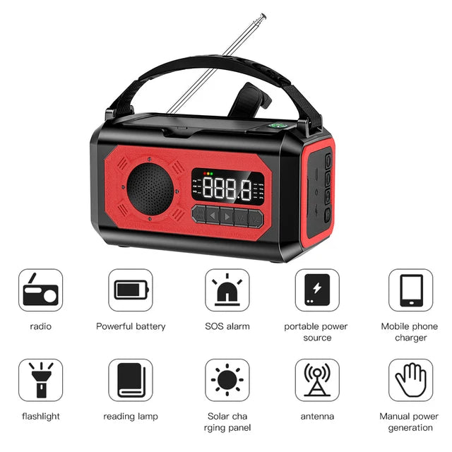 2000/10000/12000mAh AM/FM Weather Radio Solar Panels Hand Crank Emergency Radio Reading Lamp Power Bank SOS Alarm Flashlight