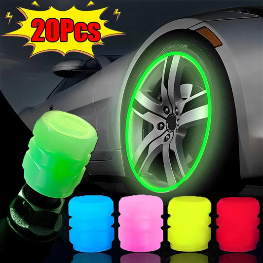 20Pc Luminous Valve Caps Fluorescent Night Glowing Decor Car Motorcycle Bicycle Wheel Hub Valve Stem Cap Styling Car Accessories