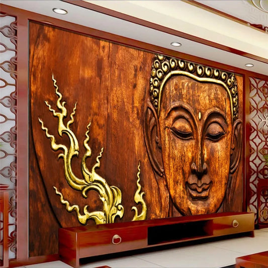 3D Embossed HD Buddha Statue Red-brown Woodcarving Decor Mural Wallpaper Restaurant Yoga Studio Temple Background Wall Paper 3D