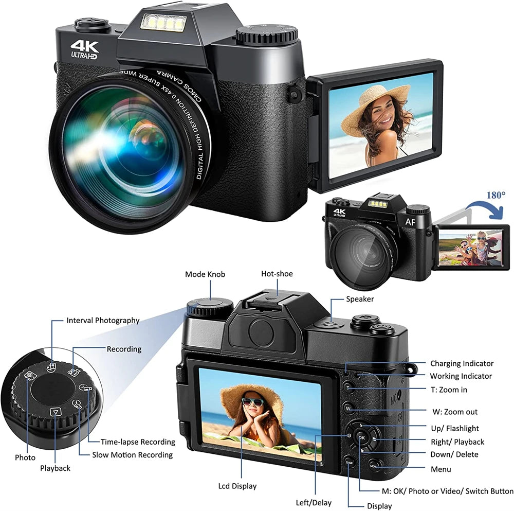 48MP Digital Camera Vlogging Camera 4K Video Camera for YouTube with WiFi 3" Flip Screen Camcorder 16X Zoom Blogging Cameras