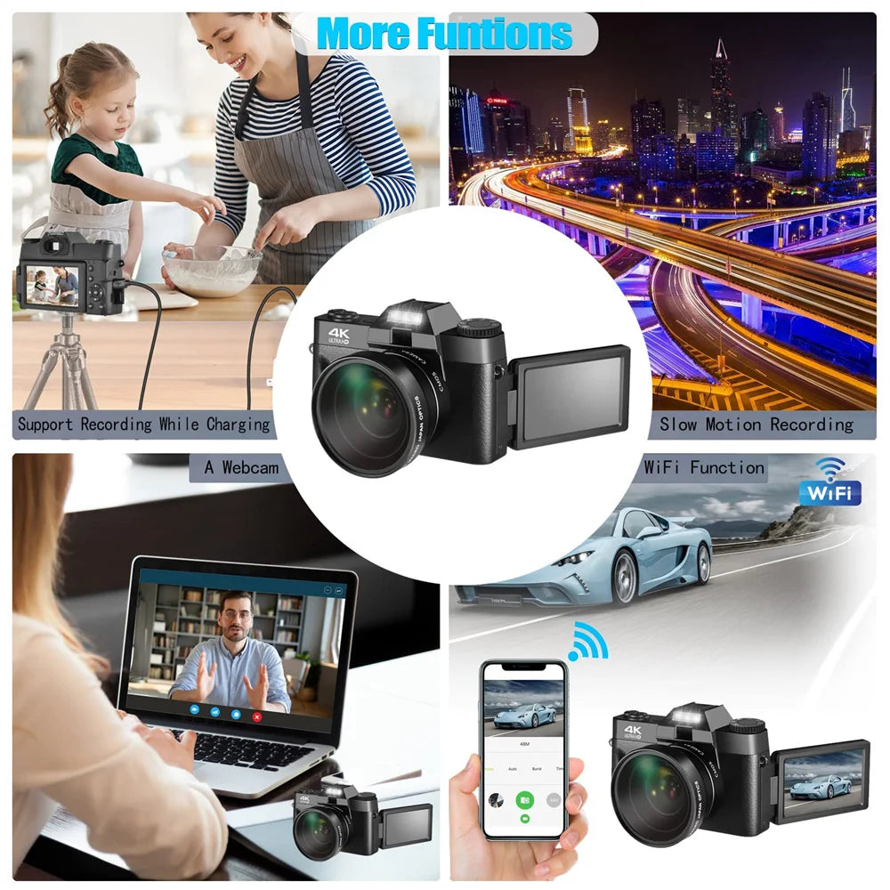 48MP Digital Camera Vlogging Camera 4K Video Camera for YouTube with WiFi 3" Flip Screen Camcorder 16X Zoom Blogging Cameras