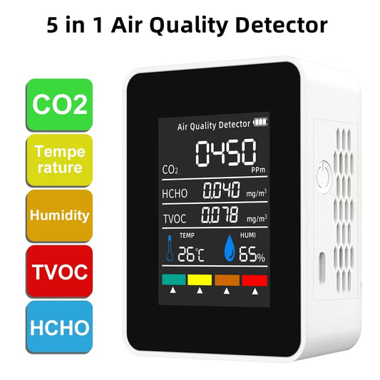 5 In 1 Digital Air Quality Detector CO2 HCHO TVOC Temperature Humidity Monitor Tester Carbon Dioxide LCD Rechargeable Detector