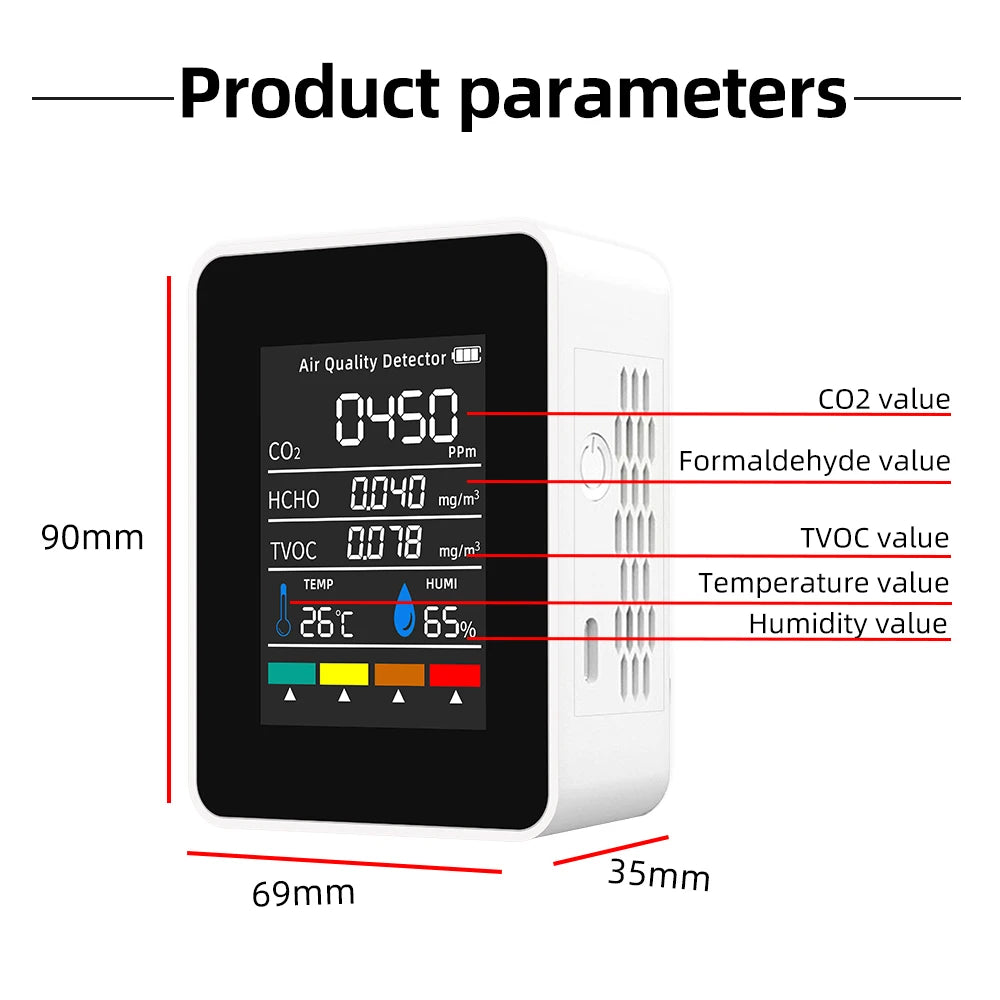 5 In 1 Digital Air Quality Detector CO2 HCHO TVOC Temperature Humidity Monitor Tester Carbon Dioxide LCD Rechargeable Detector