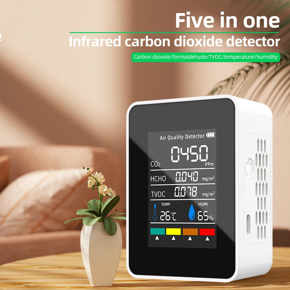 5 In 1 Digital Air Quality Detector CO2 HCHO TVOC Temperature Humidity Monitor Tester Carbon Dioxide LCD Rechargeable Detector