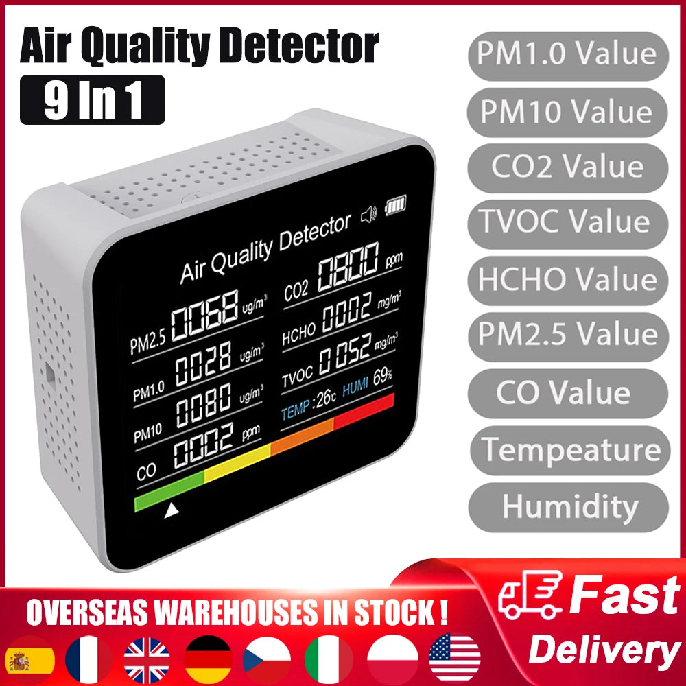 9 In 1 Air Quality Monitor CO2 Meter CO TVOC HCHO PM2.5 PM1.0 PM10 Temperature And Humidity Measurement Carbon Dioxide Detector