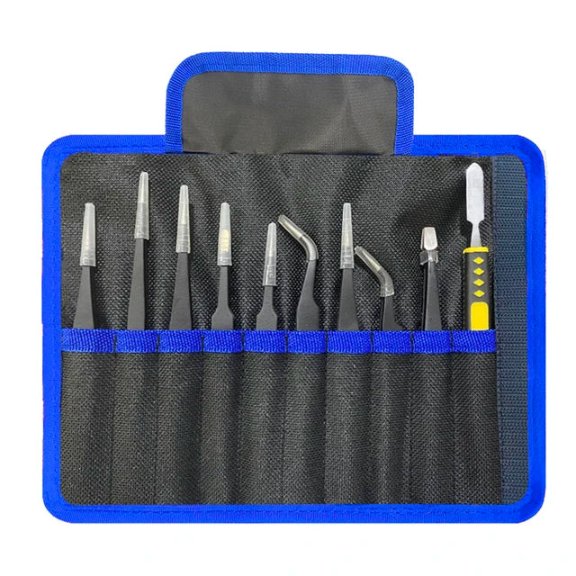 9pcs/set Anti-static ESD Stainless Steel Tweezers Maintenance Tools Industrial Precision Curved Straight Tweezers Repair Tools