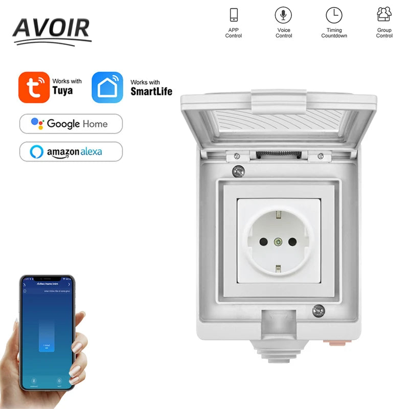 Avoir IP55 Smart Waterproof Electrical Outlets With Timer Tuya Wifi Connected Power Socket Standard EU Plugs 16A Home Appliance