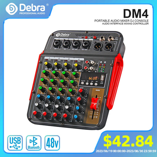 Debra Audio DM4 6 Channel Audio Mixer DJ Consoler With 48V Phantom, Bluetooth , USB to Recording , Sound Mixing Console