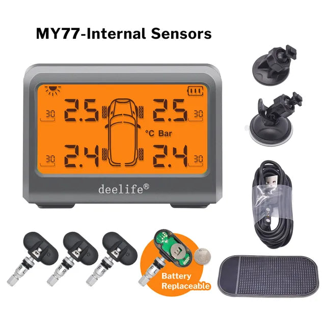 Deelife Solar TPMS Car Tire Pressure Monitoring System with 4 Wheel Tyre Battery Replaceable Internal External Sensors TMPS