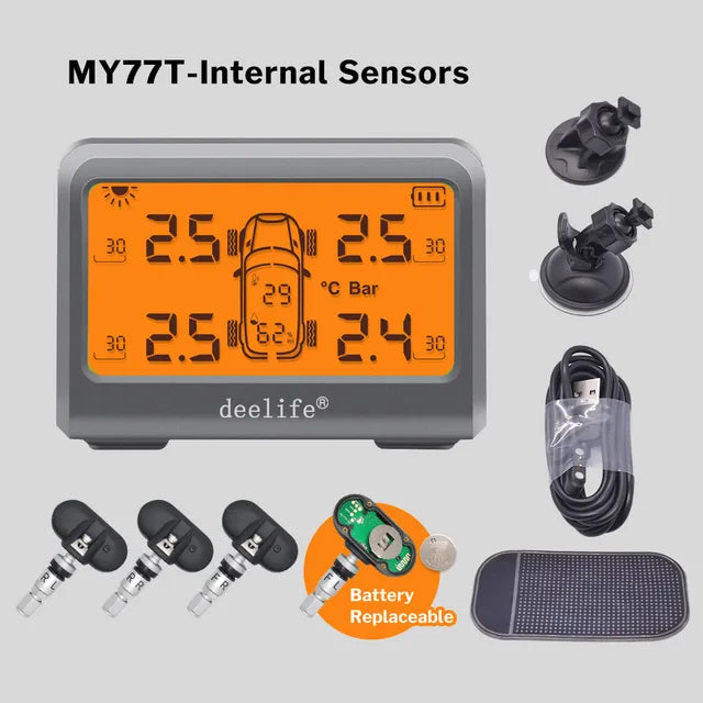 Deelife Solar TPMS Car Tire Pressure Monitoring System with 4 Wheel Tyre Battery Replaceable Internal External Sensors TMPS