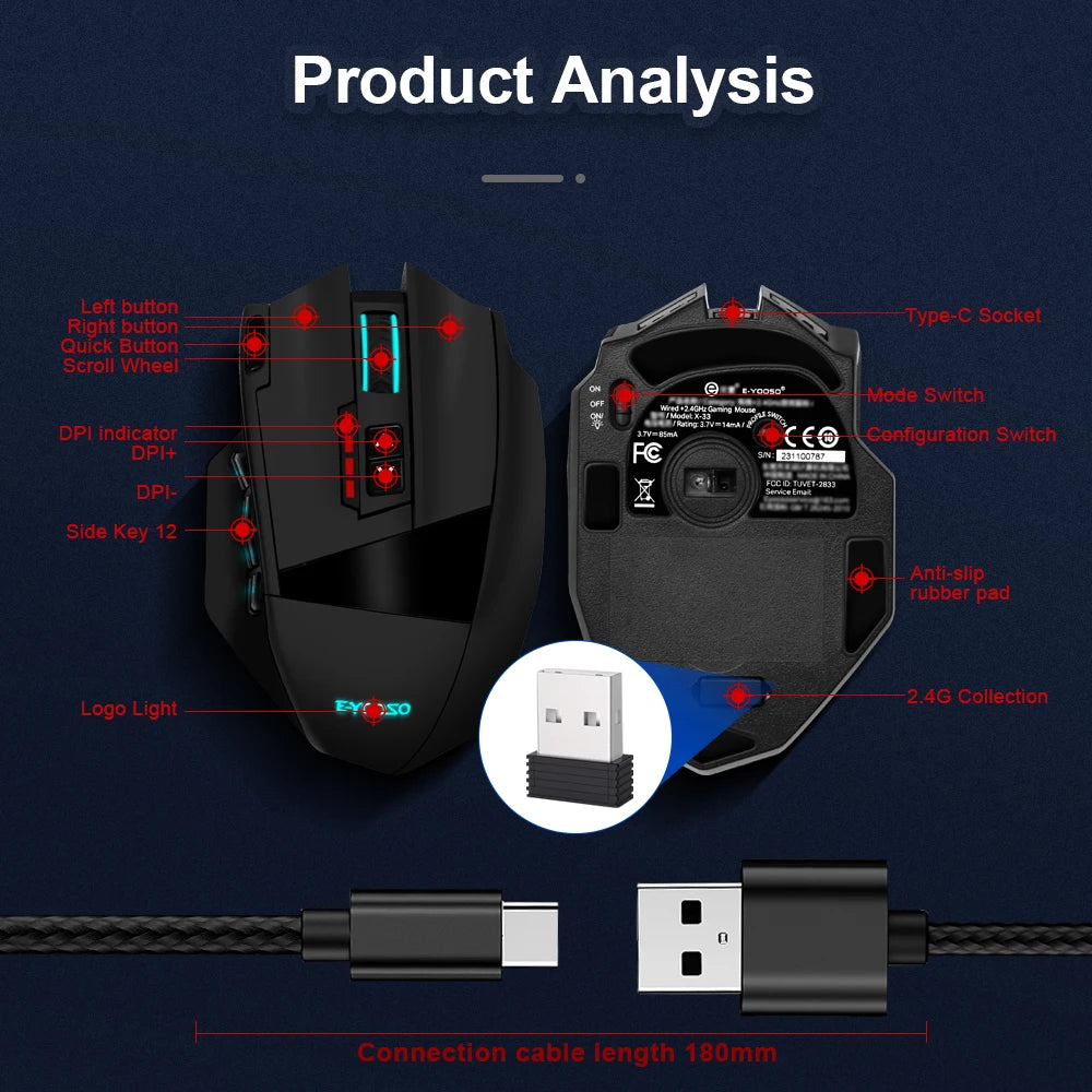 E-YOOSO X-33 RGB USB 2.4G Wireless Gaming Mouse 16000 DPI 16 buttons Programmable game Optical mice for Computer PC Laptop