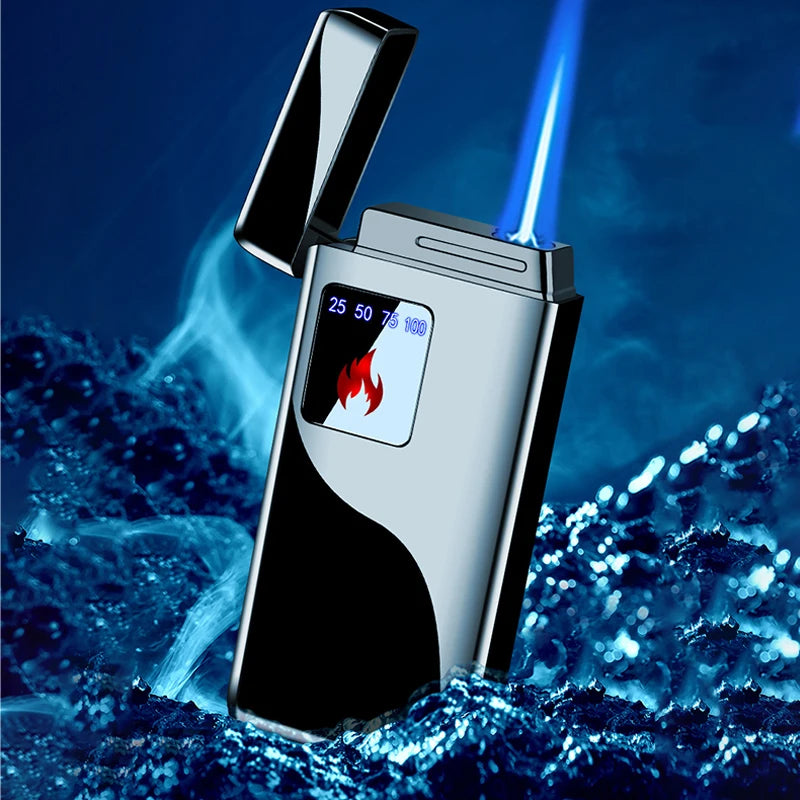 Electricity Blue Flame Ice Plating  Digital Display Power Touch Sensor Windproof Jet Cigar Torch Lighter Without Gas