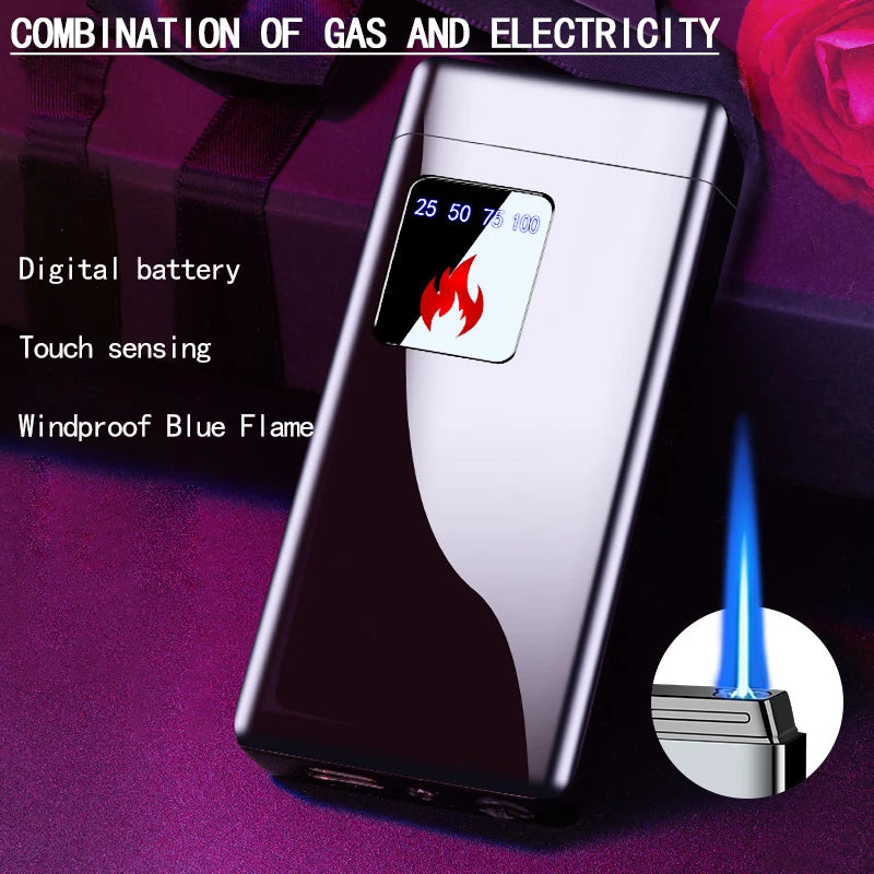 Electricity Blue Flame Ice Plating  Digital Display Power Touch Sensor Windproof Jet Cigar Torch Lighter Without Gas