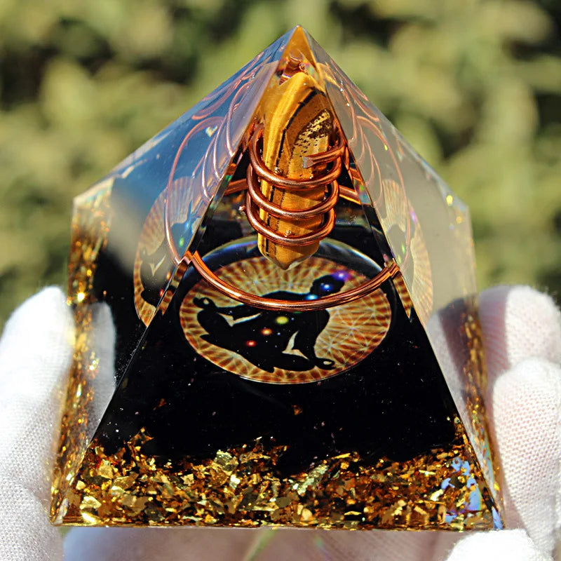 Energy Pyramid Orgonite Reiki Yellow Tiger Eye Hexagon Column Healing Crystals Chakra Tool Ornaments Resin Stones Craft 6CM