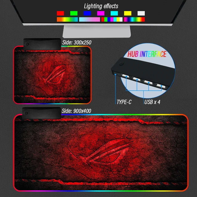 Ектенсион Републиц оф Гамерс Подлога за миша РОГ Деск Руг Чврсти тепих против клизања РГБ позадинско осветљење Светлећи 4 УСБ Тип Ц ХУБ Цустом Мат