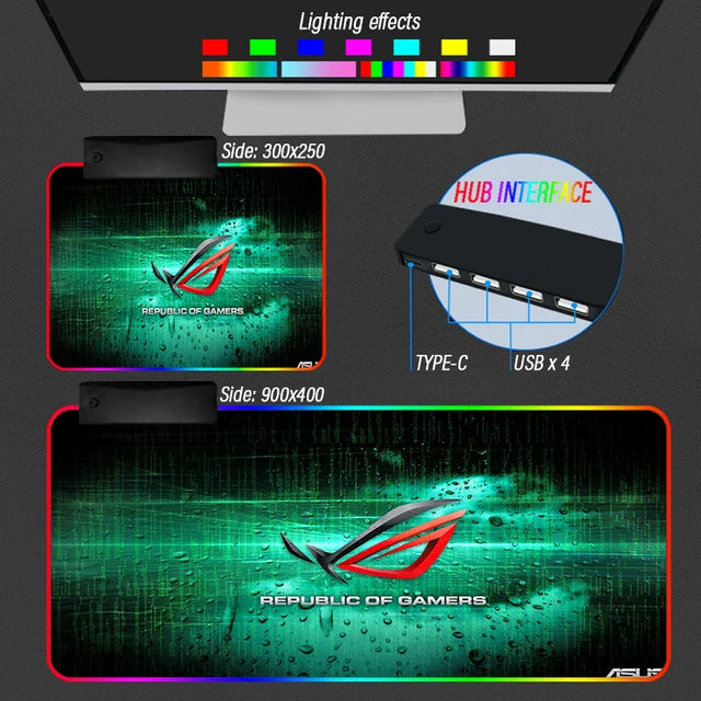 Ектенсион Републиц оф Гамерс Подлога за миша РОГ Деск Руг Чврсти тепих против клизања РГБ позадинско осветљење Светлећи 4 УСБ Тип Ц ХУБ Цустом Мат