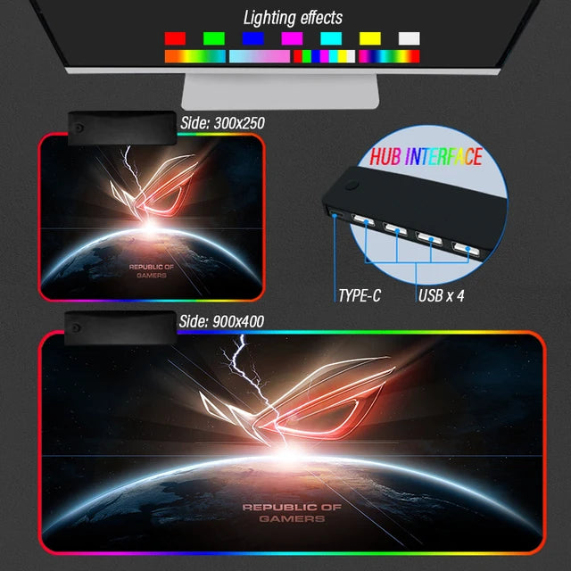 Extension Republic of Gamers Mouse Pad ROG Desk Rug Rigid Carpet Non-Slip RGB Backlight Luminous 4 USB Type C HUB Custom Mat