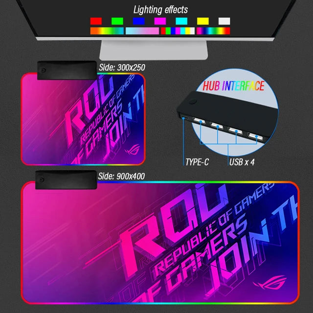 Extension Republic of Gamers Mouse Pad ROG Desk Rug Rigid Carpet Non-Slip RGB Backlight Luminous 4 USB Type C HUB Custom Mat