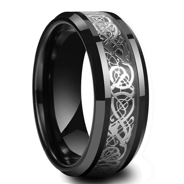 Fashion 8mm Red Groove Beveled Edge Stainless Steel Celtic Dragon Rings for Men Zircon Inlay Carbon Fibre Ring Men Wedding Band