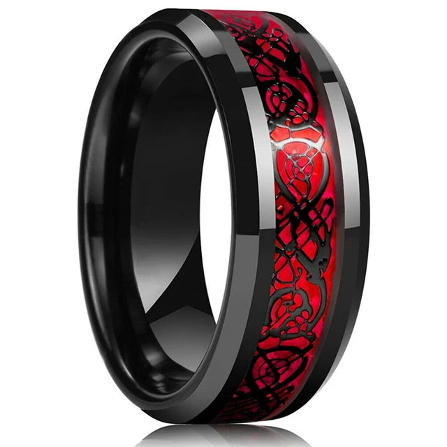 Fashion 8mm Red Groove Beveled Edge Stainless Steel Celtic Dragon Rings for Men Zircon Inlay Carbon Fibre Ring Men Wedding Band