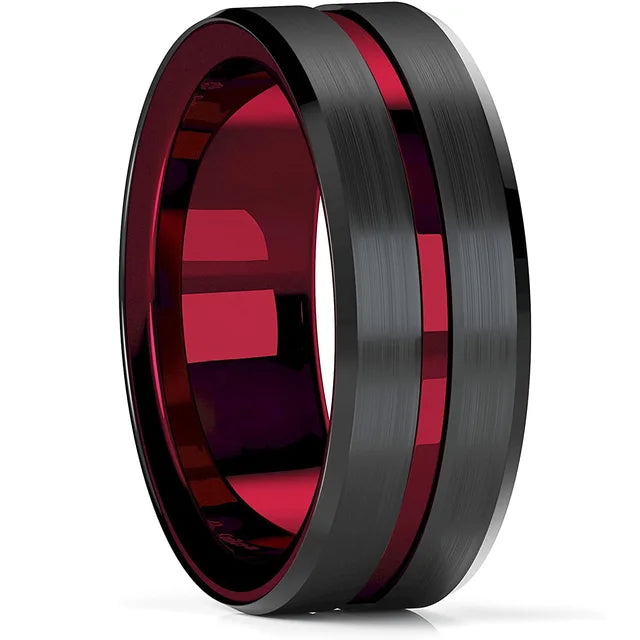 Fashion 8mm Red Groove Beveled Edge Stainless Steel Celtic Dragon Rings for Men Zircon Inlay Carbon Fibre Ring Men Wedding Band