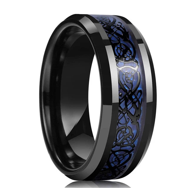 Fashion 8mm Red Groove Beveled Edge Stainless Steel Celtic Dragon Rings for Men Zircon Inlay Carbon Fibre Ring Men Wedding Band