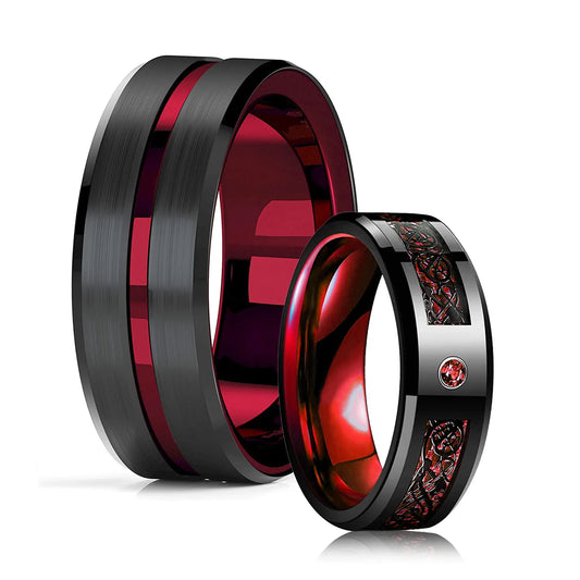 Fashion 8mm Red Groove Beveled Edge Stainless Steel Celtic Dragon Rings for Men Zircon Inlay Carbon Fibre Ring Men Wedding Band