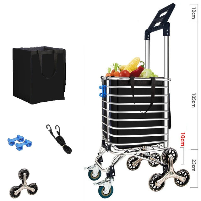 Grocery Cart Folding Portable Shopping Aluminum Alloy Lightweight Step Climbing Trolley with Telescopic Rod 35L Big Capacity