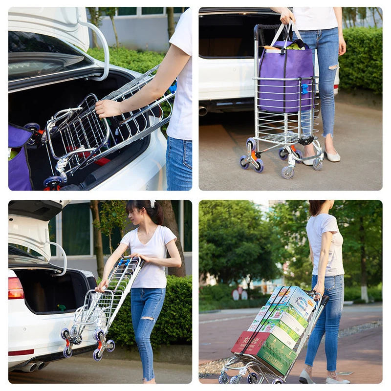 Grocery Cart Folding Portable Shopping Aluminum Alloy Lightweight Step Climbing Trolley with Telescopic Rod 35L Big Capacity