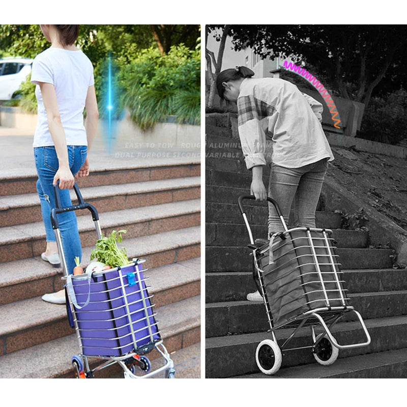 Grocery Cart Folding Portable Shopping Aluminum Alloy Lightweight Step Climbing Trolley with Telescopic Rod 35L Big Capacity