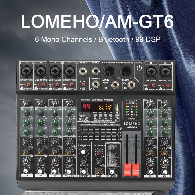 LOMEHO 6 Channels Audio DJ Mixer Individual 48V 2 AUX Output Mixing Console 99 Effect USB Bluetooth Play Sound Mix Table AM-GT6