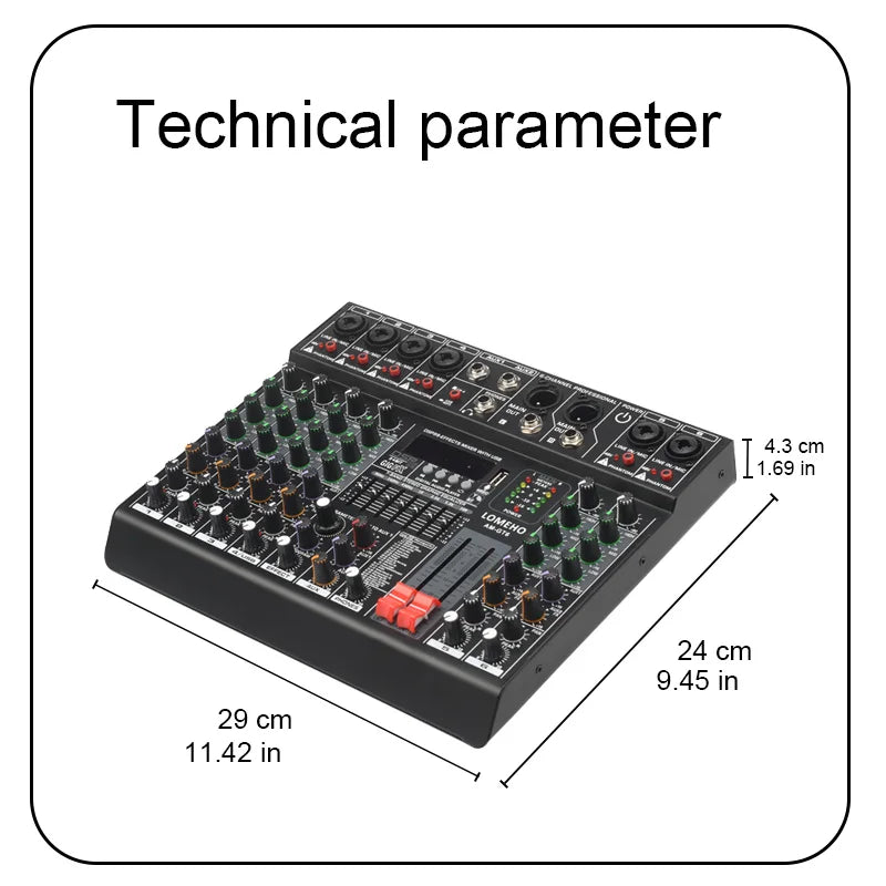 LOMEHO 6 Channels Audio DJ Mixer Individual 48V 2 AUX Output Mixing Console 99 Effect USB Bluetooth Play Sound Mix Table AM-GT6