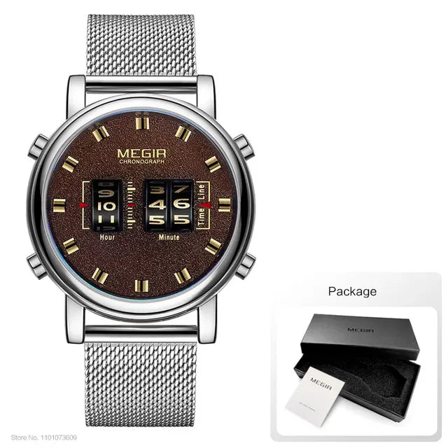 MEGIR 2020 New Luxury Watches Men Military Sport Roller Pointer Quartz Watch Man Fashion Stainless Steel Mesh Strap Wristwatch