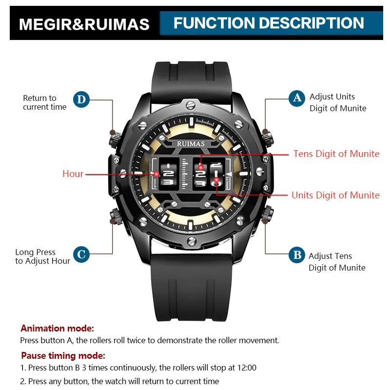 MEGIR & RUIMAS Military Sport Watches Men Roller Quartz Watch Luxury Waterproof Silicone Strap Wristwatch Man Relogio Mascilino