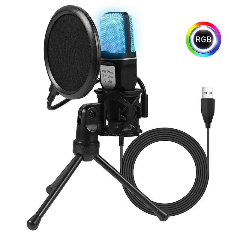 SF666R USB Microphone RGB Microfone Condensador Wire Gaming Mic for Podcast Recording Studio Streaming Laptop Desktop PC