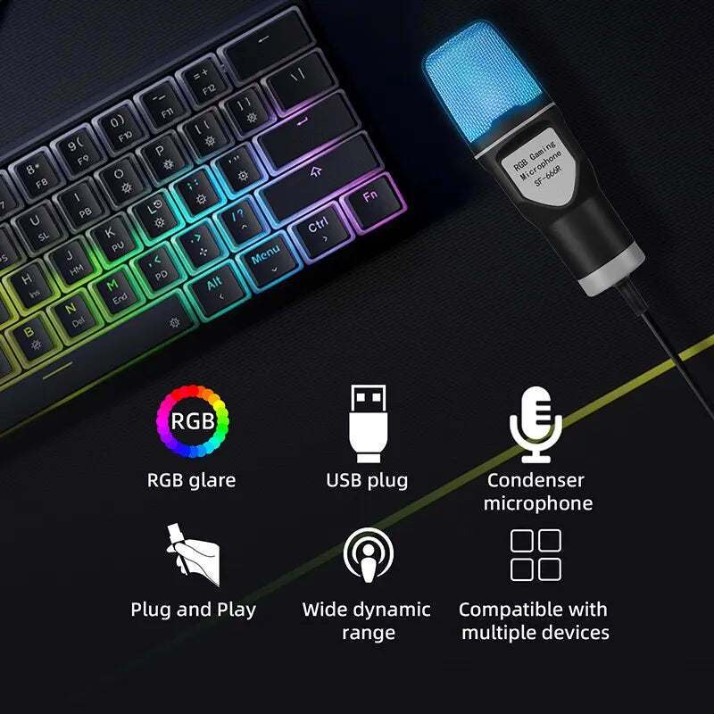 SF666R USB Microphone RGB Microfone Condensador Wire Gaming Mic for Podcast Recording Studio Streaming Laptop Desktop PC