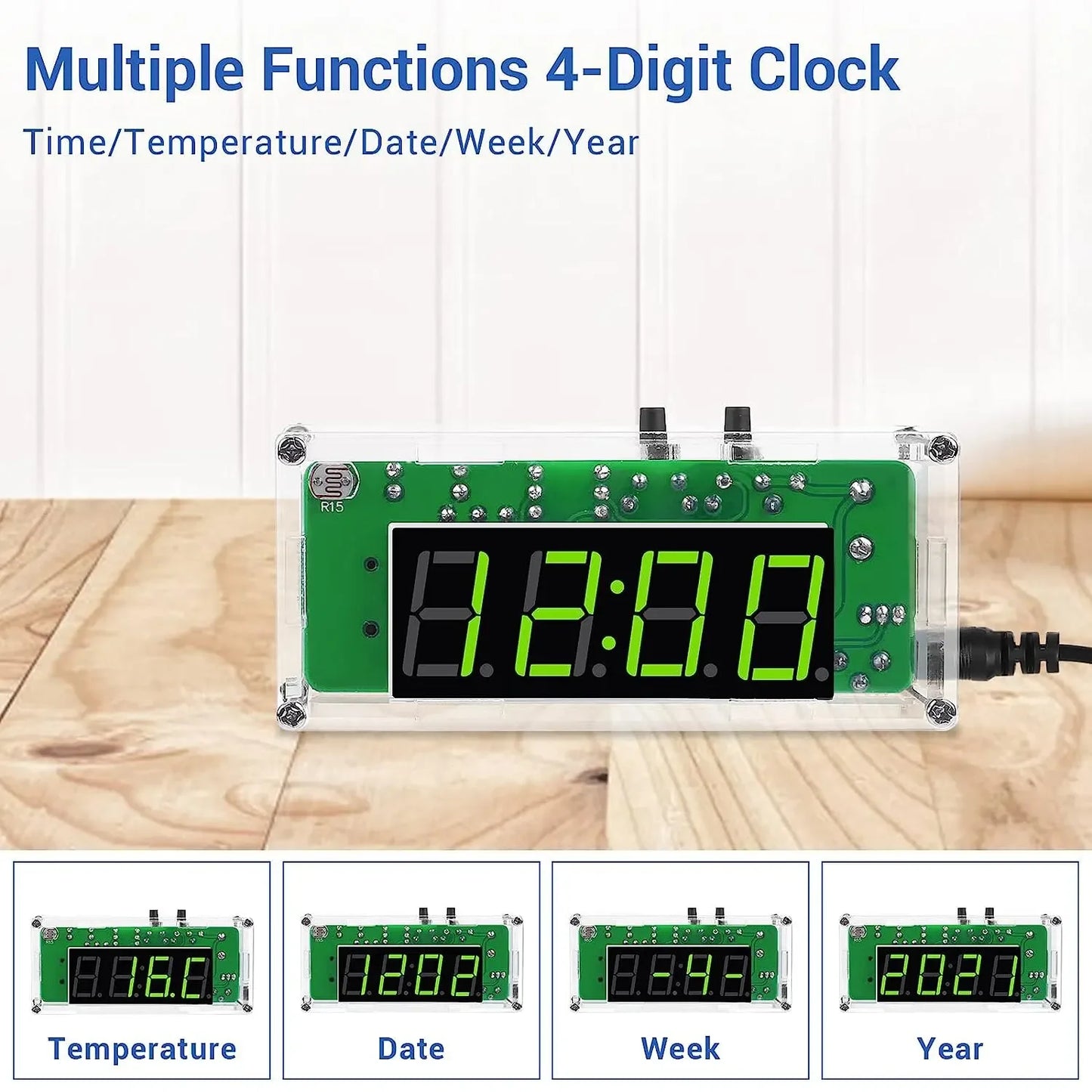 TJ-56-428 4-Digit Digital DIY Clock Kits with Acrylic Shell, DIY Alarm Clock Soldering Practice Kit for Learning Electronics