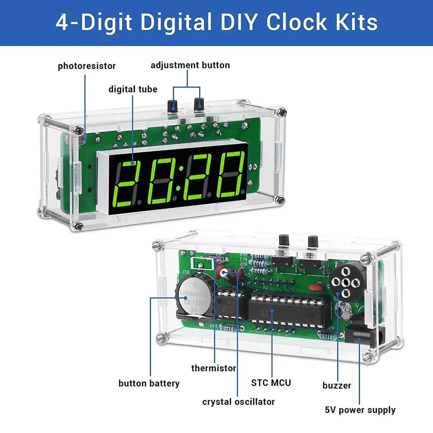 TJ-56-428 4-Digit Digital DIY Clock Kits with Acrylic Shell, DIY Alarm Clock Soldering Practice Kit for Learning Electronics