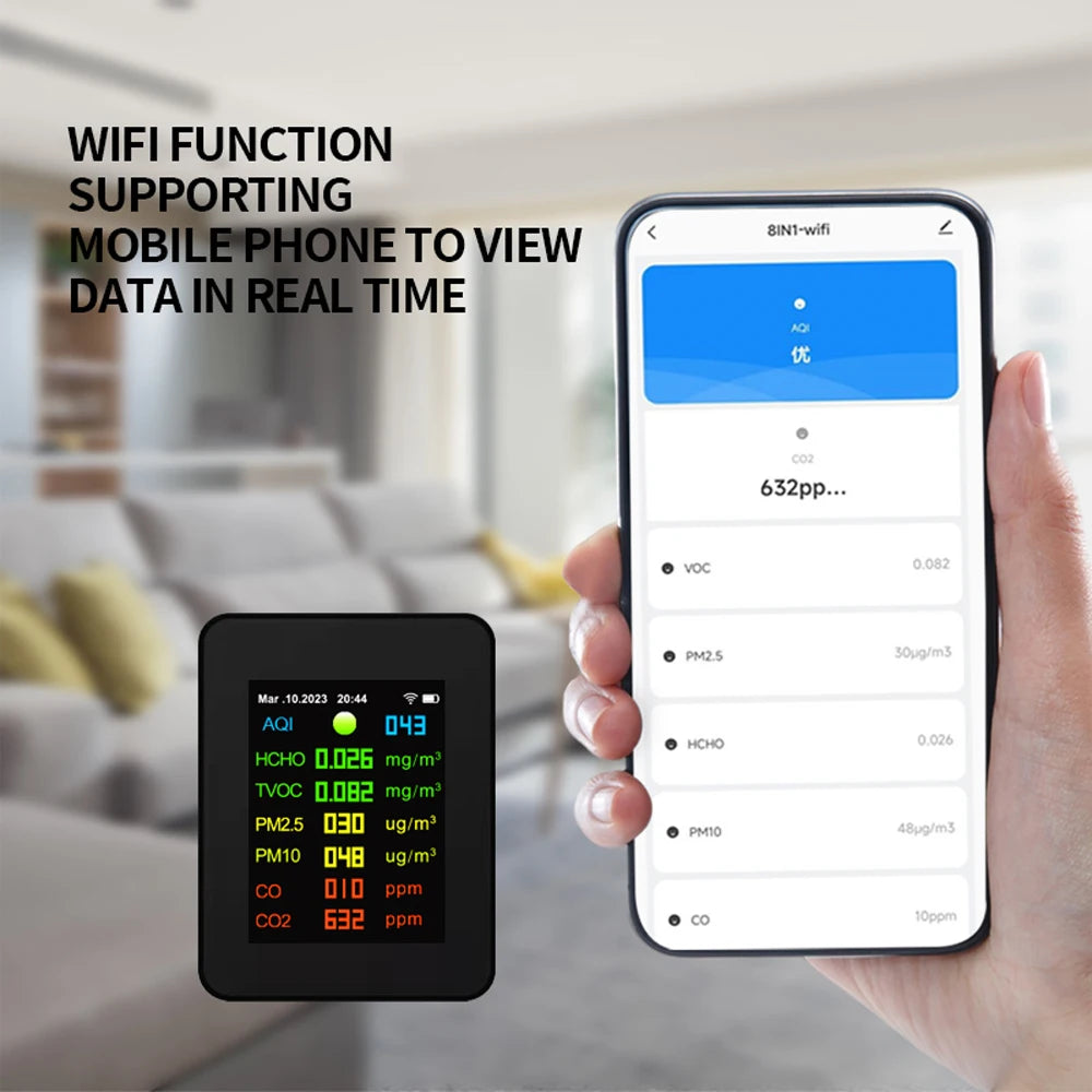 Туиа Вифи мерач квалитета ваздуха 7 у 1 ПМ2.5 ПМ10 угљен-диоксид угљен-диоксид ТВОЦ ХЦХО АКИ тестер ТФТ детектор угљен-диоксида 
