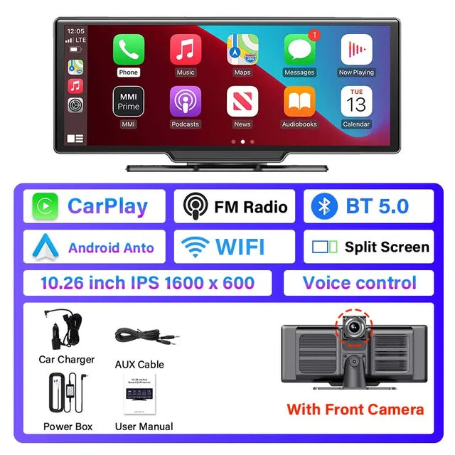 Universal 10.26” Portable Smart Screen Wireless Carplay&Android Auto 4K Car DVR&1080P Rear Camera Dashcam GPS Voice Control  AUX