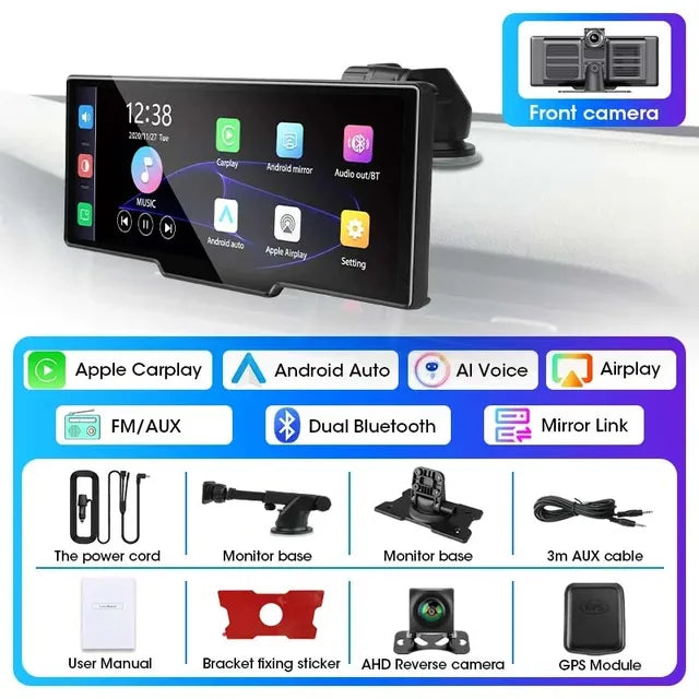 Universal 10.26” Portable Smart Screen Wireless Carplay&Android Auto 4K Car DVR&1080P Rear Camera Dashcam GPS Voice Control  AUX