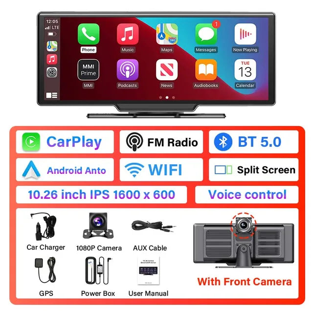 Universal 10.26” Portable Smart Screen Wireless Carplay&Android Auto 4K Car DVR&1080P Rear Camera Dashcam GPS Voice Control  AUX